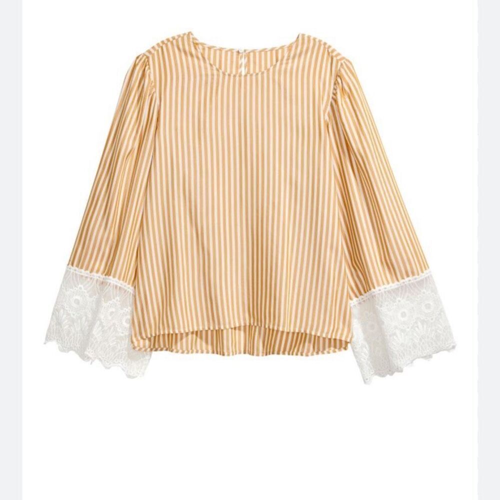 H&M size 10 mustard yellow striped top with bell sleeves wide lace cuffs